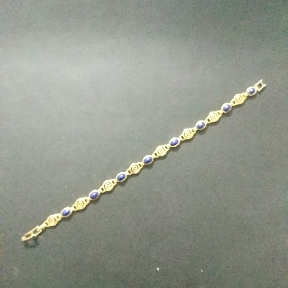 Gold Tone Swirl and Blue Cabochon Dainty Delicate Statement Bracelet